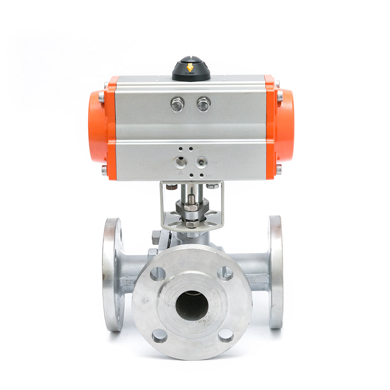 Q644F-16P不锈钢气动三通法兰球阀